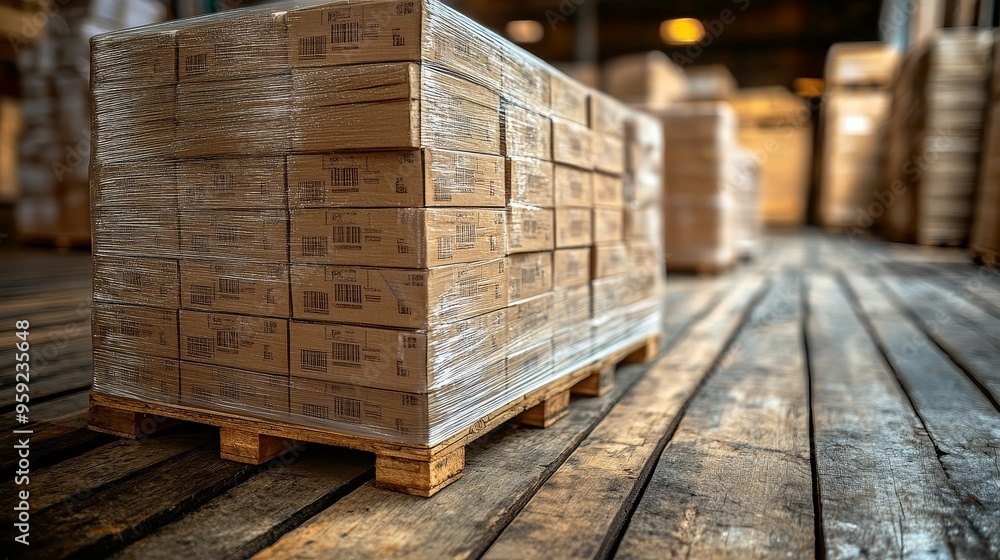 Close-up of a wooden pallet on a warehouse floor, cartons stacked neatly and tightly wrapped in shrink wrap, with the industrial atmosphere softly blurred Close-up of a wooden pallet on a warehouse floor, cartons stacked neatly and tightly wrapped in shrink wrap, with the industrial atmosphere softly blurred