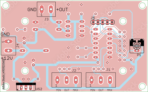 Vector printed circuit board of electronic 
device with components of radio elements, 
conductors and contact pads placed on pcb. 
Engineering technical drawing.