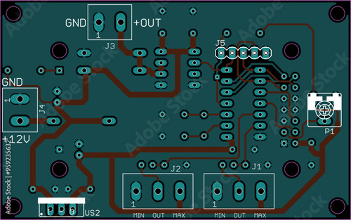Vector printed circuit board of electronic 
device with components of radio elements, 
conductors and contact pads placed on pcb. 
Engineering technical drawing.