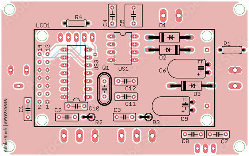 Vector printed circuit board of electronic 
device with components of radio elements, 
conductors and contact pads placed on pcb. 
Engineering technical drawing.