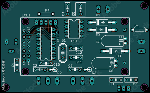 Vector printed circuit board of electronic 
device with components of radio elements, 
conductors and contact pads placed on pcb. 
Engineering technical drawing.