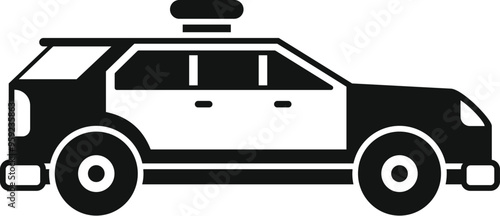 Black and white police patrol car icon in glyph style, perfect for crime and law enforcement designs