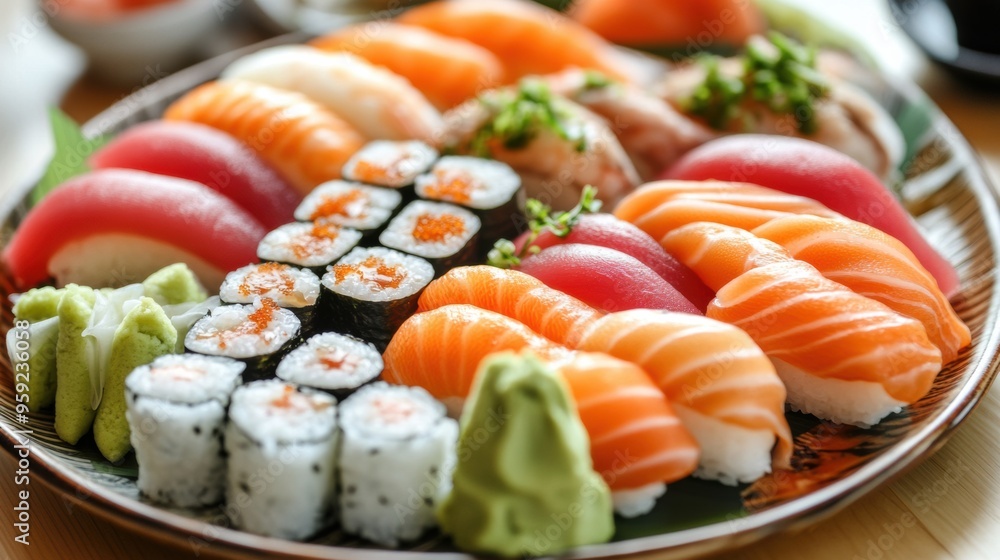 Artfully Presented Assortment of Savory Sushi Rolls and Nigiri on a Platter Artfully Presented Assortment of Savory Sushi Rolls and Nigiri on a Platter