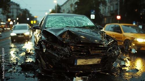 Car Accident Crash Damaged Vehicle Front End Night City Street