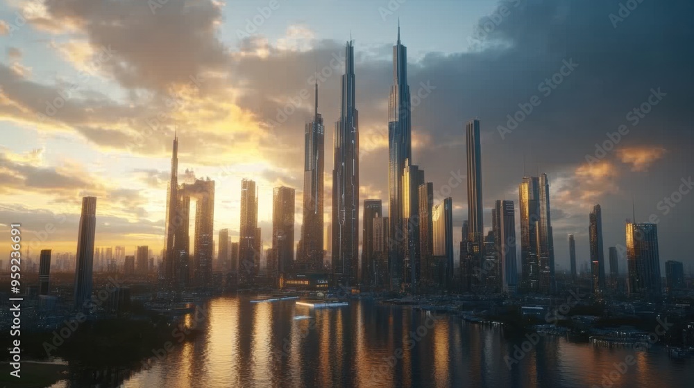 Majestic Cityscape with Towering Skyscrapers at Sunset with Reflection in River Majestic Cityscape with Towering Skyscrapers at Sunset with Reflection in River