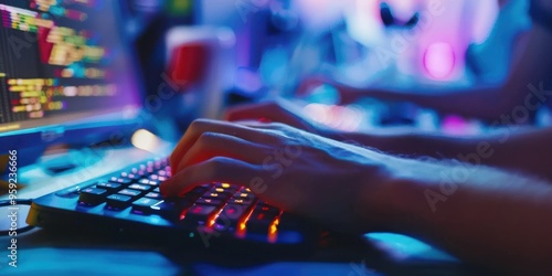 a programmer writing code, fingers flying across the keyboard, focus and concentration photo