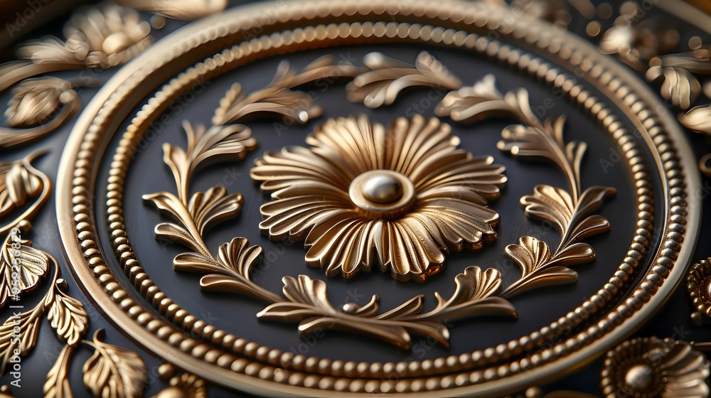 Closeup of Gold Ornate Detail on Black Background - Realistic Image Closeup of Gold Ornate Detail on Black Background - Realistic Image