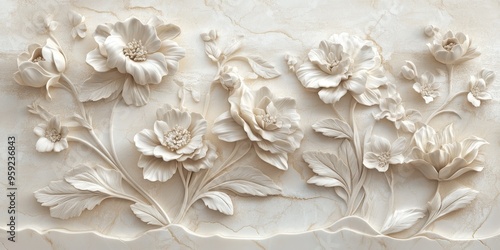 This exquisite basrelief sculpture stands out with its intricate portrayal of white flowers, showcasing exceptional craftsmanship and elegance in its detailed and carefully crafted design