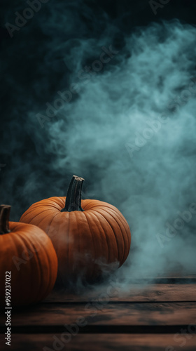 Halloween night orange pumpkin, carved with frightening face, emitted cloud of smoke it sat amidst dark autumn leaves, creating skittish atmosphere filled with ghostly horror evil sense of dread.