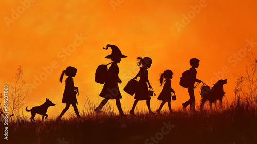 October night illustration, skittish girl in a black costume and hat creates creepy silhouette, embodying the horror and scary vibes of Halloween, as children in background enjoy the festive party.