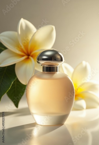 Elegant Perfume Bottle with Lactone of cis-Jasmone and Jasmine Flowers photo