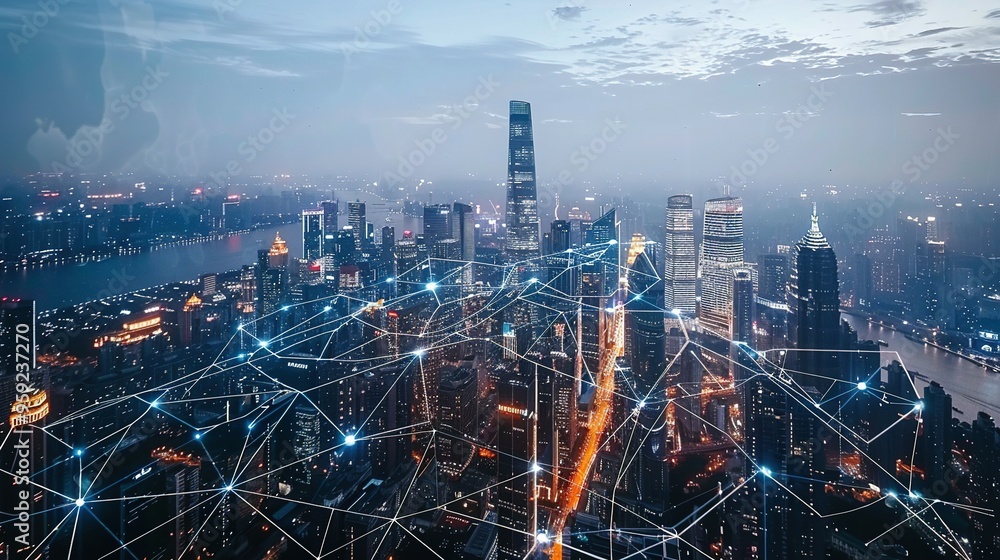 Fototapeta premium Networked Skyline of a Modern City at Night