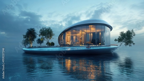 Floating Luxury Contemporary Waterfront Home on Tranquil Lake or Ocean with Scenic Sunset View