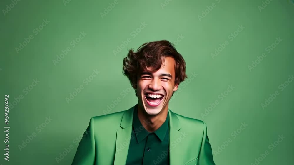 A young man expresses pure joy with a wide smile while wearing a bright green suit that matches the background, radiating positivity and happiness in a lively atmosphere. A young man expresses pure joy with a wide smile while wearing a bright green suit that matches the background, radiating positivity and happiness in a lively atmosphere.