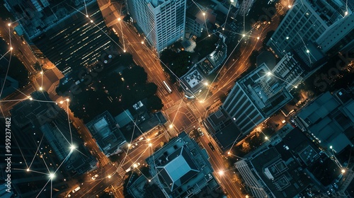 Aerial View of Cityscape with Interconnected Network of Lights at Night photo