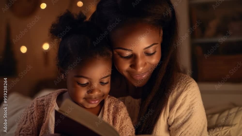 A mother enjoys a tender moment reading a storybook to her daughter in a cozy space filled with soft lights and warmth, creating an inviting atmosphere for storytelling. A mother enjoys a tender moment reading a storybook to her daughter in a cozy space filled with soft lights and warmth, creating an inviting atmosphere for storytelling.