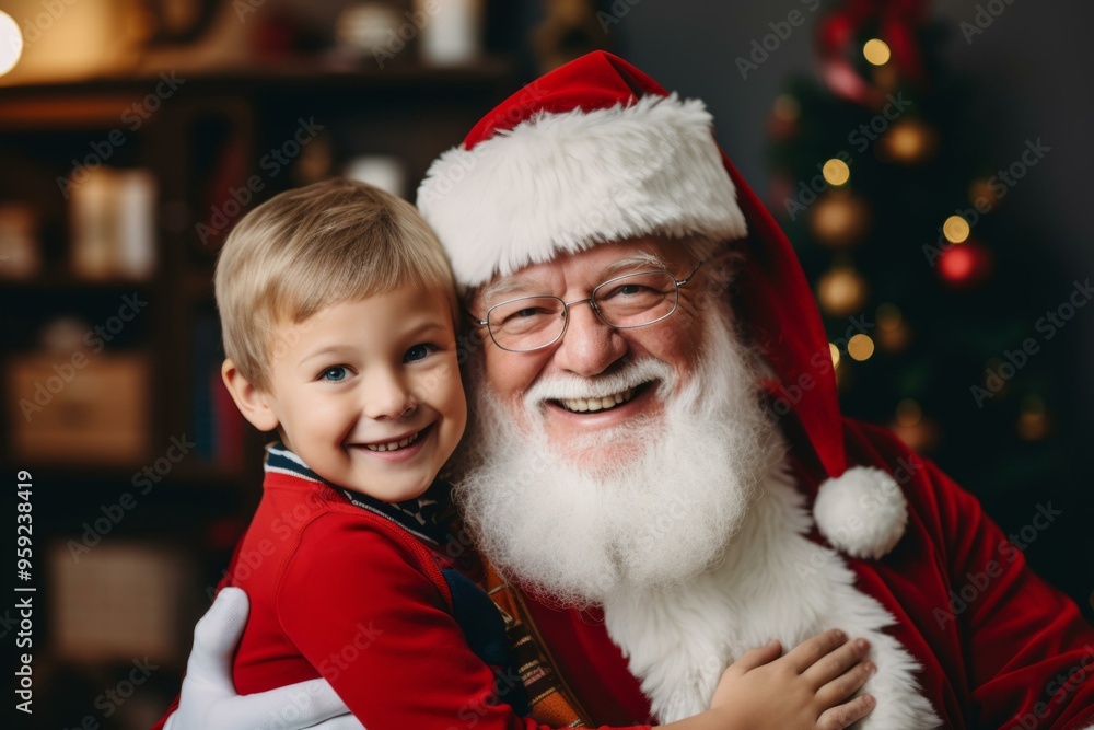 Child joyfully hugging Santa Claus in a festive Christmas setting with decorated tree in background Child joyfully hugging Santa Claus in a festive Christmas setting with decorated tree in background