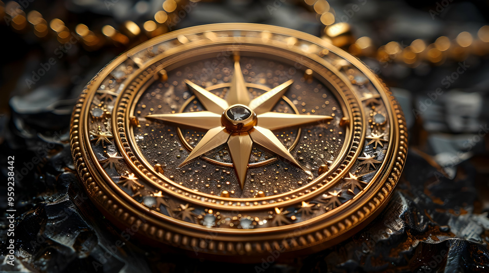 Obraz premium Gold Compass with Star Illustration