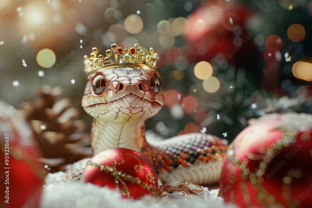 Festive snake with crown and Christmas ornaments symbolizing the year of the snake in a snowy New Year setting Festive snake with crown and Christmas ornaments symbolizing the year of the snake in a snowy New Year setting