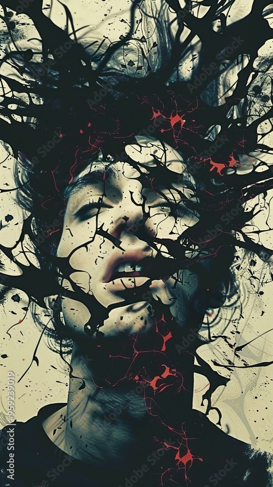 A person's face with dark branches growing out of their head, symbolizing mental health issues. A person's face with dark branches growing out of their head, symbolizing mental health issues.