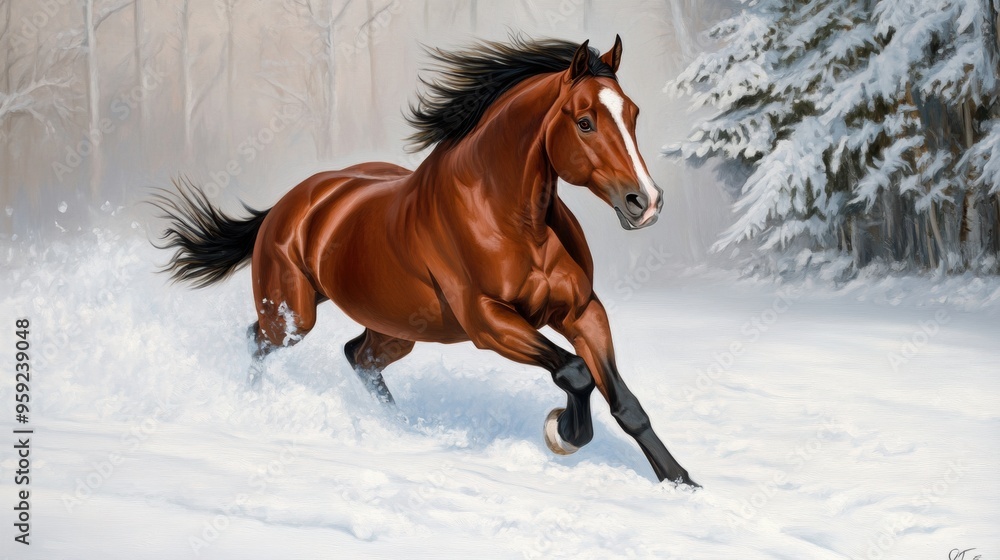 A horse running through the snow in a forested area, AI A horse running through the snow in a forested area, AI