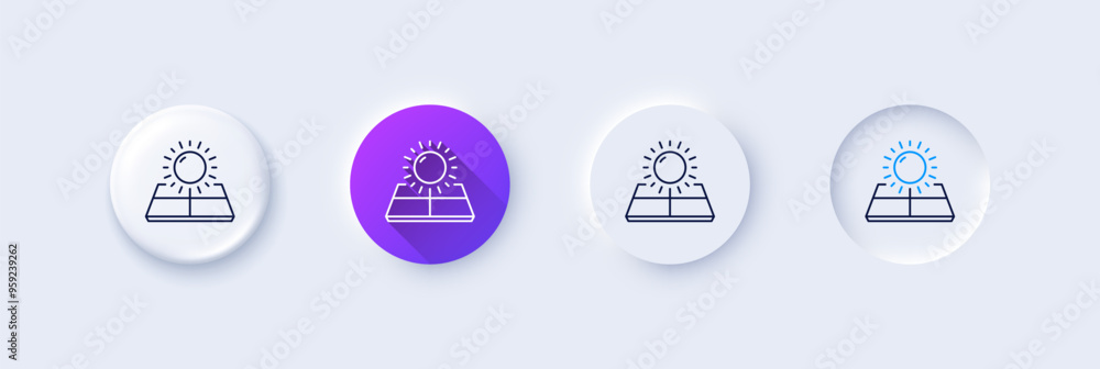 Sun energy line icon. Neumorphic, Purple gradient, 3d pin buttons. Solar panels sign. Ecology power symbol. Line icons. Neumorphic buttons with outline signs. Vector Sun energy line icon. Neumorphic, Purple gradient, 3d pin buttons. Solar panels sign. Ecology power symbol. Line icons. Neumorphic buttons with outline signs. Vector