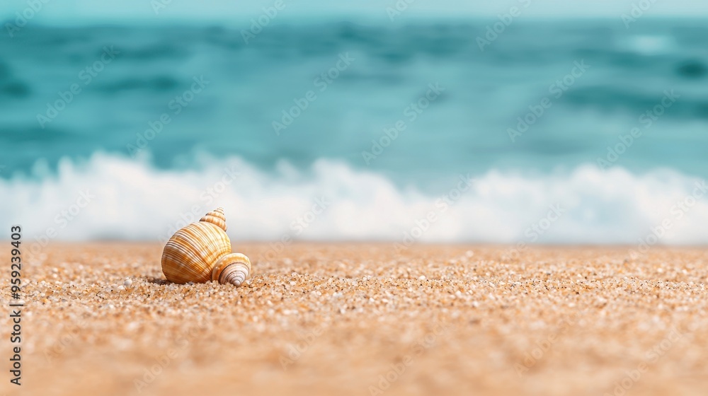 Seashell on Sandy Beach with Ocean in Background Seashell on Sandy Beach with Ocean in Background