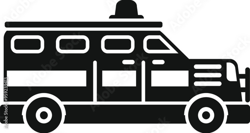 Simple icon style illustration of an armored police vehicle, often used for riot control or prisoner transport, in black and white