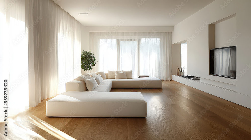 Modern Minimalist Living Room: A serene sanctuary, bathed in natural light, showcasing a spacious, minimalist living room with a white sectional sofa, wood floors, and large windows. Sunlight stream Modern Minimalist Living Room: A serene sanctuary, bathed in natural light, showcasing a spacious, minimalist living room with a white sectional sofa, wood floors, and large windows. Sunlight stream