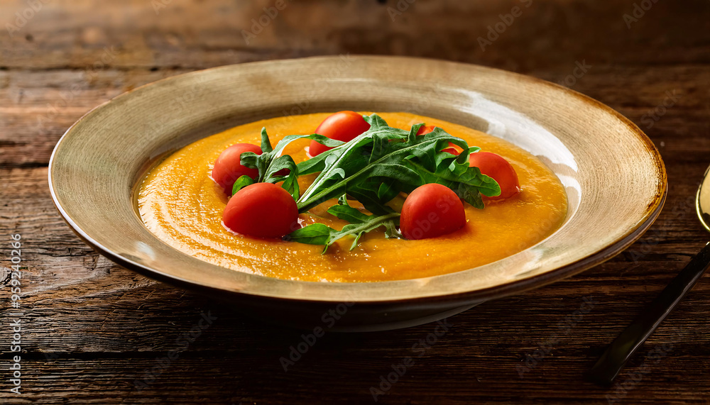 Vibrant bowl of soup garnished with fresh greens and tomatoes Vibrant bowl of soup garnished with fresh greens and tomatoes