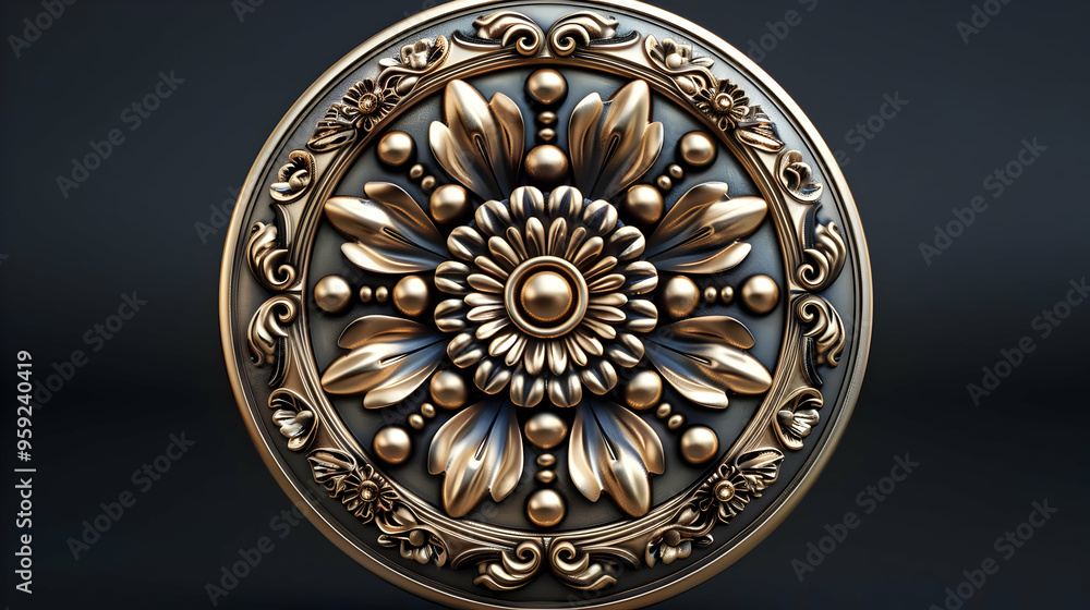 3D Render of a Golden Circular Floral Ornament on Black Background 3D Render of a Golden Circular Floral Ornament on Black Background