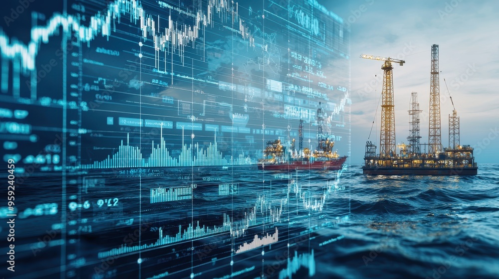 Fototapeta premium Oil Platform with Stock Market Data Overlay