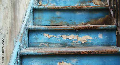 Escadas azuis enferrujadas em um prédio antigo, mostrando desgaste e decadência, levam a profundezas desconhecidas, criando uma cena rica em textura e história, destacando espaços urbanos negligencia photo