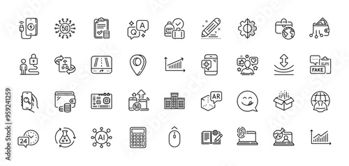 Computer fingerprint, Transform and Influence line icons pack. AI, Question and Answer, Map pin icons. Accounting checklist, Graph, Augmented reality web icon. Vector