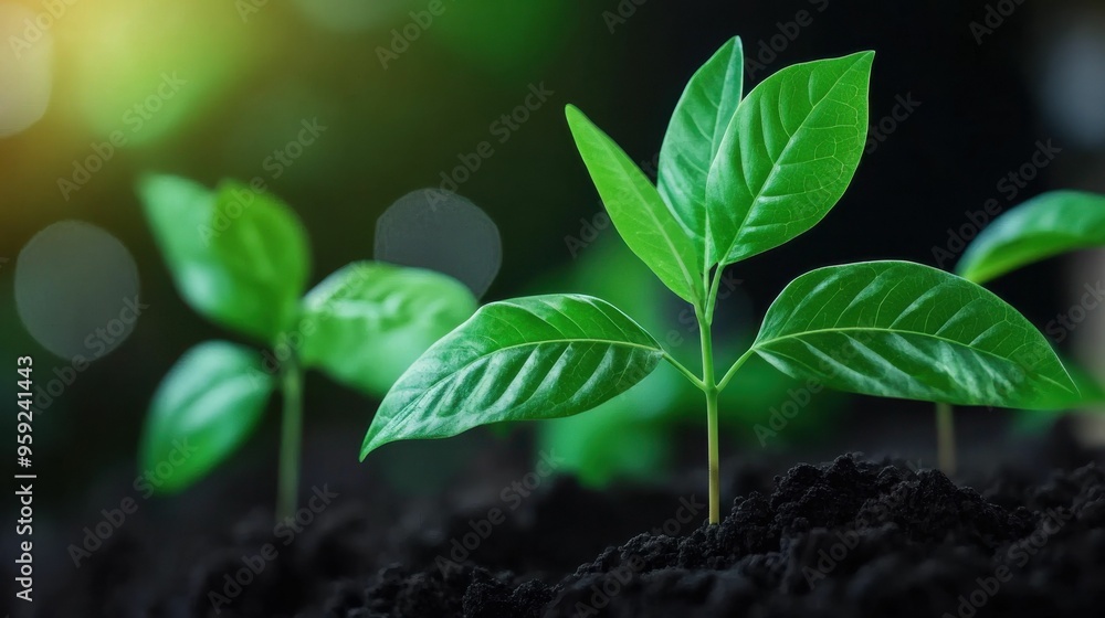 Multiple seedlings emerging from dark rich soil, bathed in soft light, representing new beginnings, growth, and the environment.. Multiple seedlings emerging from dark rich soil, bathed in soft light, representing new beginnings, growth, and the environment..