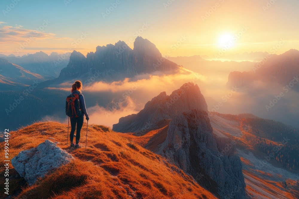 Young woman on mountain peak and beautiful mountain valley in haze at colorful sunset in autumn. Dolomites, Italy. Sporty girl, mountain ridges in fog, orange grass, golden sun in fall. Hiking, ai Young woman on mountain peak and beautiful mountain valley in haze at colorful sunset in autumn. Dolomites, Italy. Sporty girl, mountain ridges in fog, orange grass, golden sun in fall. Hiking, ai