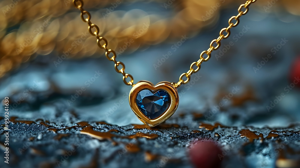 Fototapeta premium Gold Chain with Blue Heart Pendant Necklace Photo