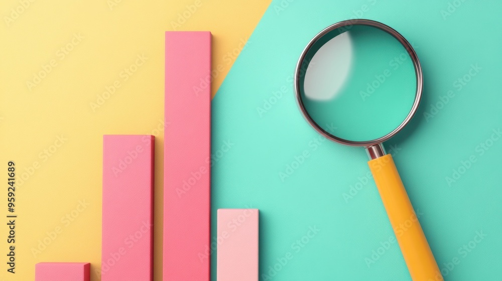 Minimalist composition with a magnifying glass placed next to pink bars on a vibrant yellow and teal background.. Minimalist composition with a magnifying glass placed next to pink bars on a vibrant yellow and teal background..