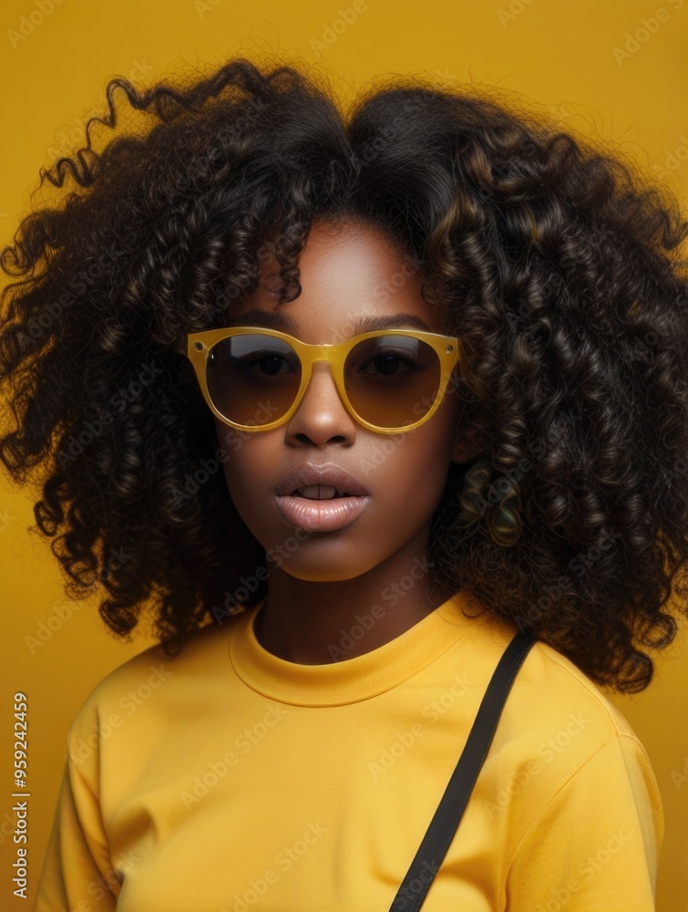 black girl with curly hair in a yellow shirt posing with a surprised facial expression and wearing sunglasses over a yellow background black girl with curly hair in a yellow shirt posing with a surprised facial expression and wearing sunglasses over a yellow background