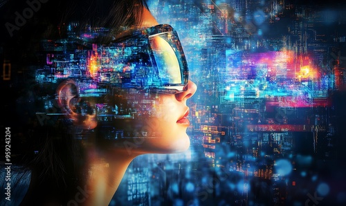 Woman in VR Headset Looking at Futuristic Cityscape