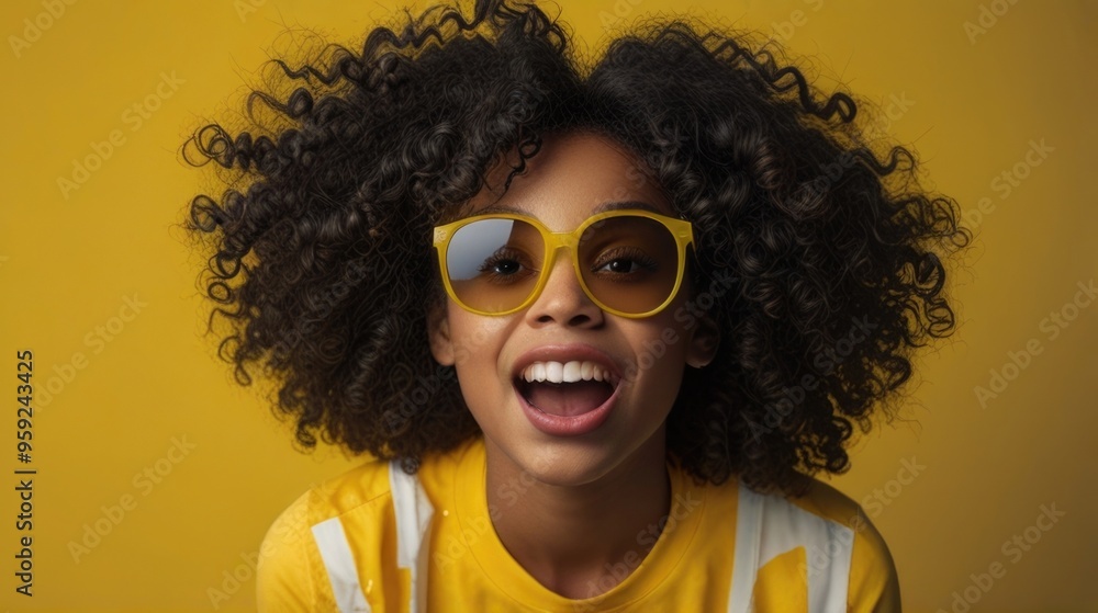 black girl with curly hair in a yellow shirt posing with a surprised facial expression and wearing sunglasses over a yellow background black girl with curly hair in a yellow shirt posing with a surprised facial expression and wearing sunglasses over a yellow background