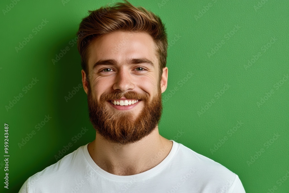 Smiling Young Man with a Beard in Front of a Green Background. Generative AI. Smiling Young Man with a Beard in Front of a Green Background. Generative AI.