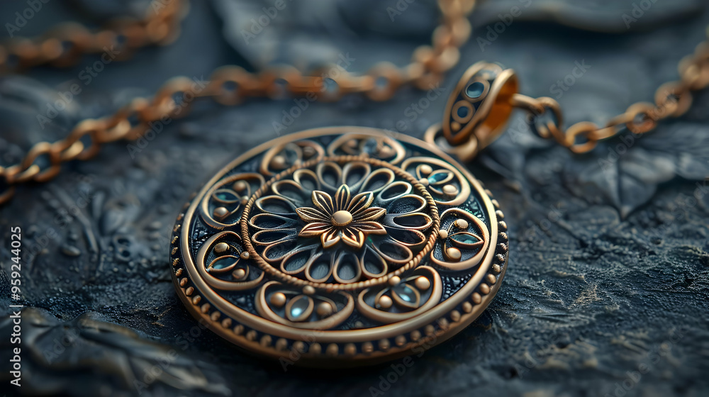 Intricate Gold and Blue Floral Pendant Necklace Illustration Intricate Gold and Blue Floral Pendant Necklace Illustration