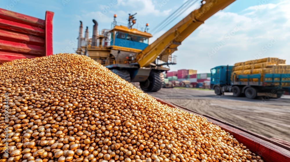 Golden Grain Harvest in Cargo Truck Bed at Port Golden Grain Harvest in Cargo Truck Bed at Port