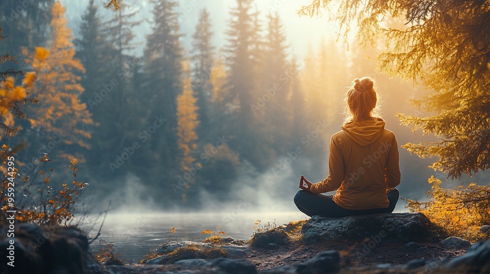 Nature therapy session a serene forest setting with a person meditating or walking mindfully among tall trees and fresh air Nature therapy session a serene forest setting with a person meditating or walking mindfully among tall trees and fresh air