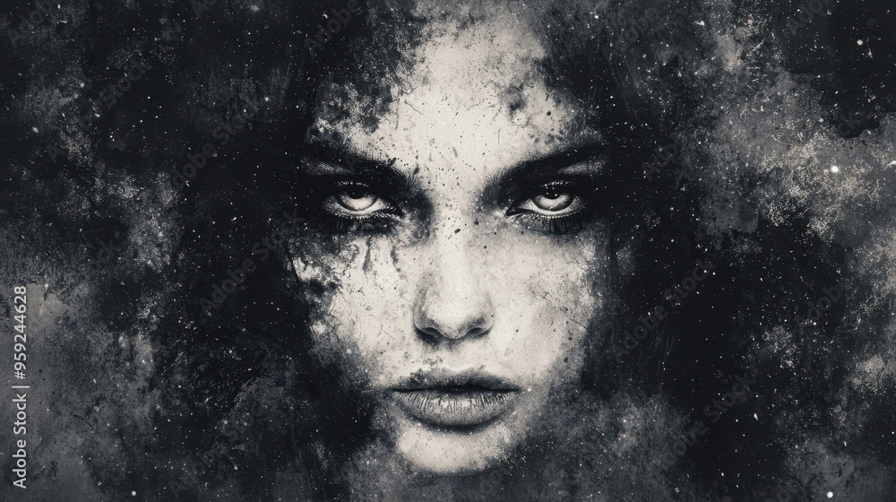 Abstract Grunge Portrait of a Woman with Dark Eyes and Cosmic Background
