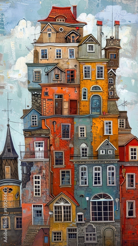 A whimsical illustration of a tall building made of multiple stacked houses, each with its own unique style and character. A whimsical illustration of a tall building made of multiple stacked houses, each with its own unique style and character.