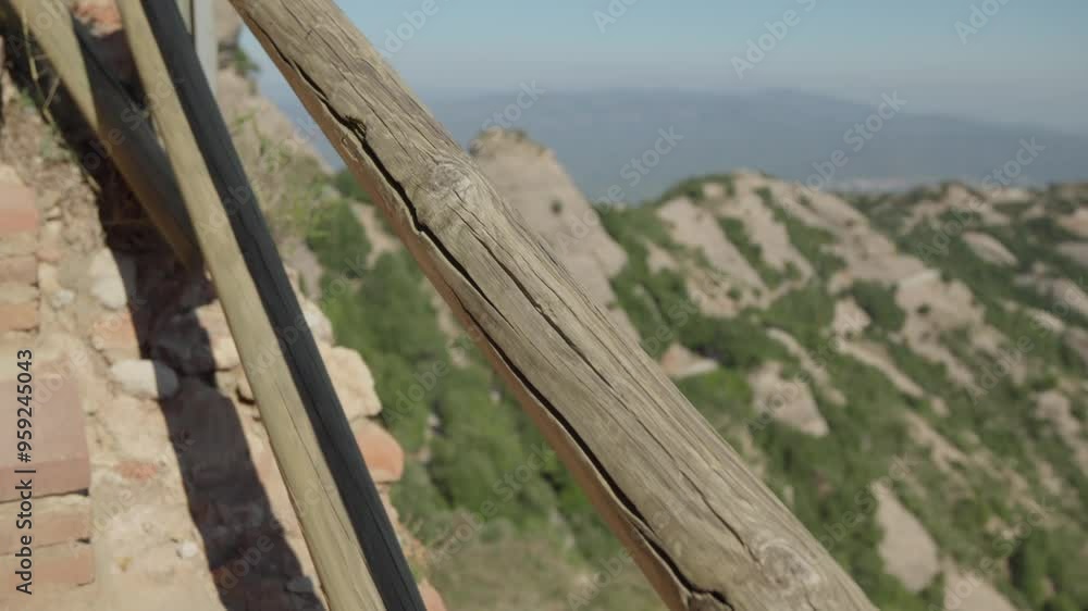 Detailed wooden railing on mountain summit Detailed wooden railing on mountain summit