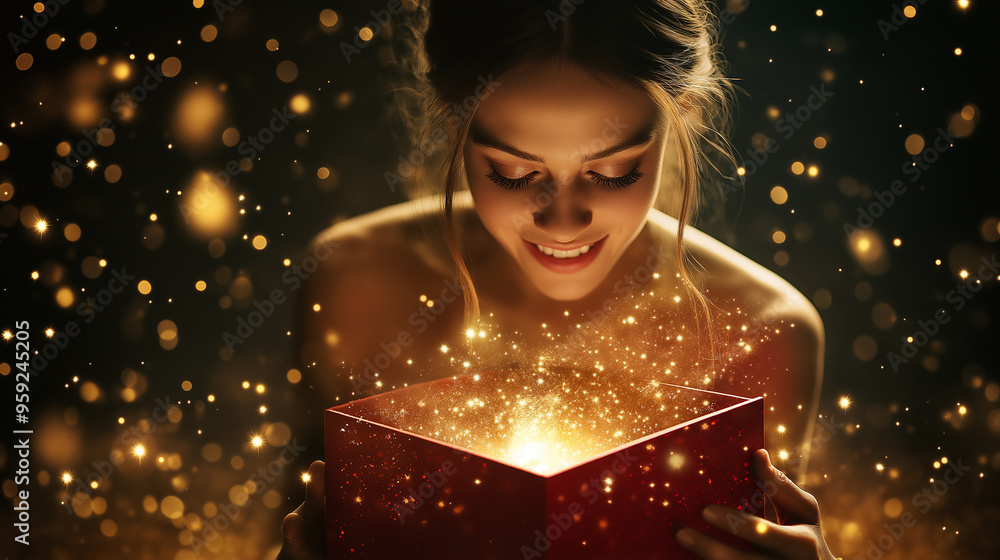 Woman opening a magical glowing gift box, Christmas surprise, holiday magic, festive bokeh lights, joyful expression, bright red present, seasonal cheer, Christmas celebration Woman opening a magical glowing gift box, Christmas surprise, holiday magic, festive bokeh lights, joyful expression, bright red present, seasonal cheer, Christmas celebration