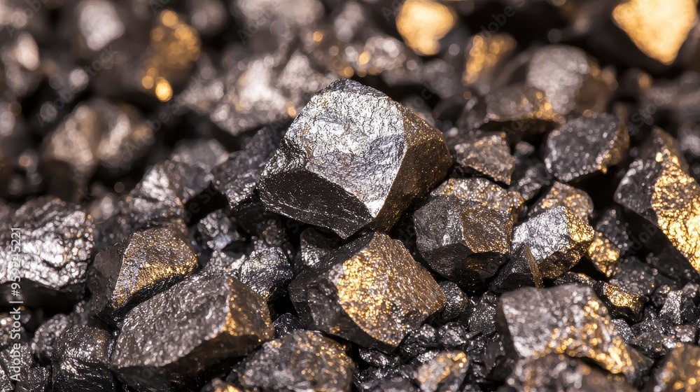 Close Up of Shiny Black and Gold Metal Chunks Close Up of Shiny Black and Gold Metal Chunks